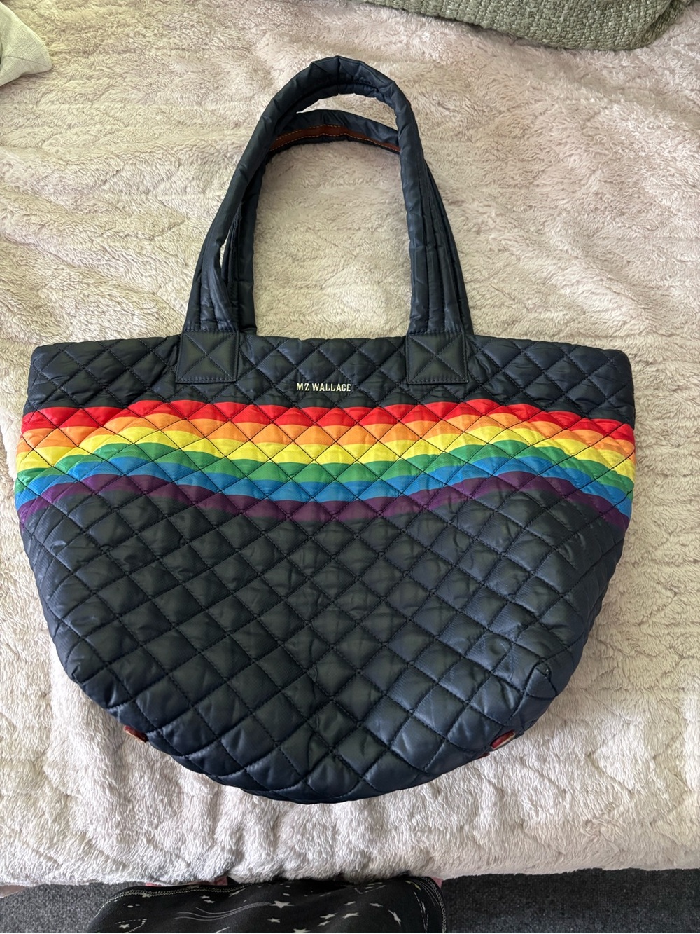 MZ Wallace Blue Quilted Tote with Rainbow Chevron Stripe